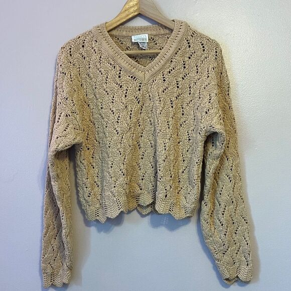 Vintage Open Knit Scalloped V Neck Cotton Cottagecore Sweater Beige Tan Medium - Picture 1 of 8